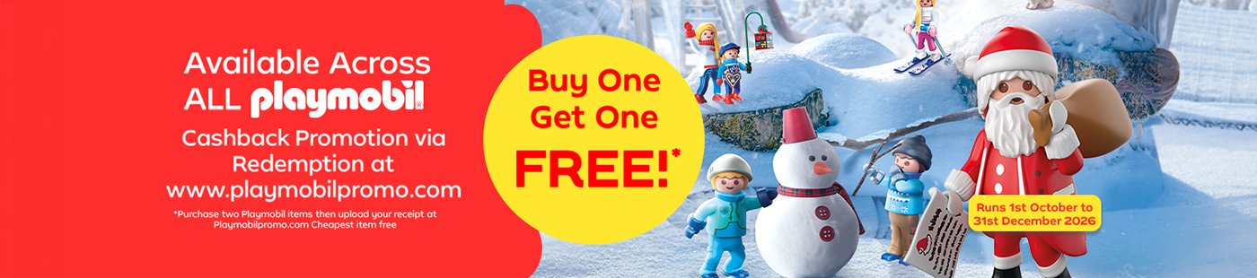 Playmobil. Available across all Playmobil. Cashback promotion via redemption at www.playmobilpromo.com. Buy one get one free!*