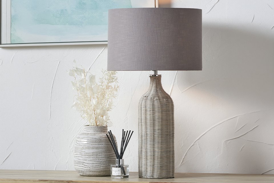 Pacific Anika Rattan Bottle Table Lamp in grey colour.