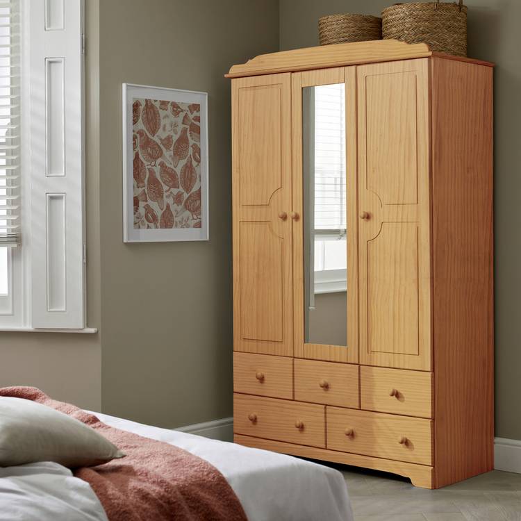 Argos Home Nordic 3 Door 5 Drawer Mirror Wardrobe - Pine 0