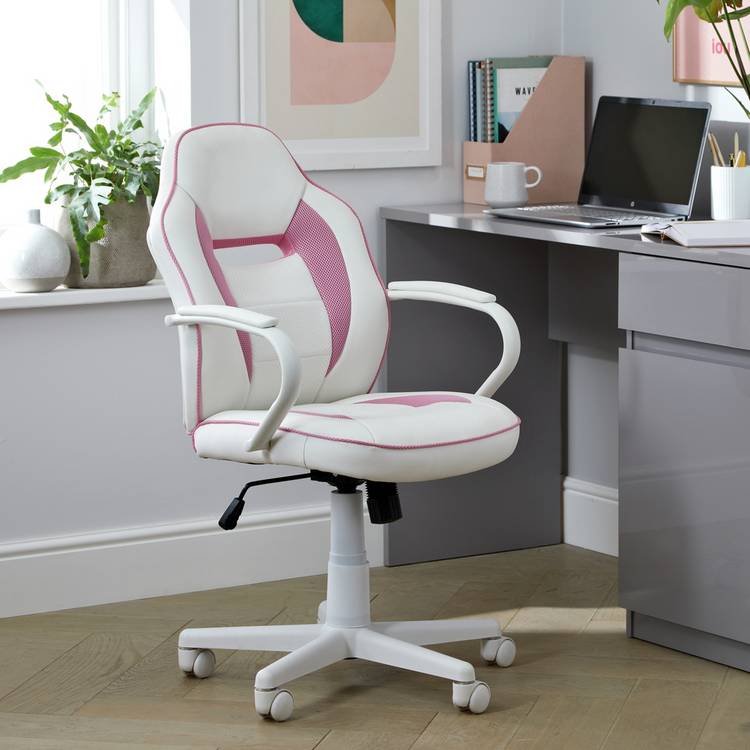 Argos Home Faux Leather Mid Back Gaming Chair - White & Pink 0