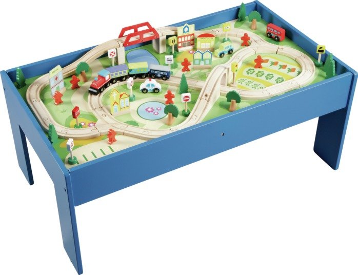 Chad Valley Wooden Table and 90 Piece Train Set