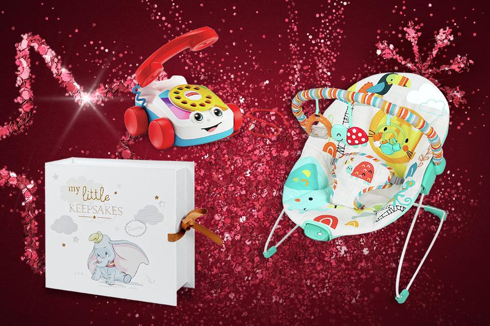 A selection of baby gifts, including a keepsake box and a toy telephone.