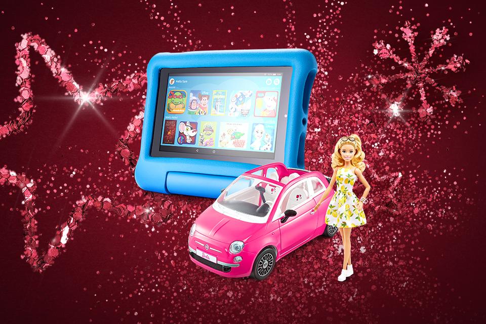 A kids' tablet and a Barbie toy in front of a pink glittery background.