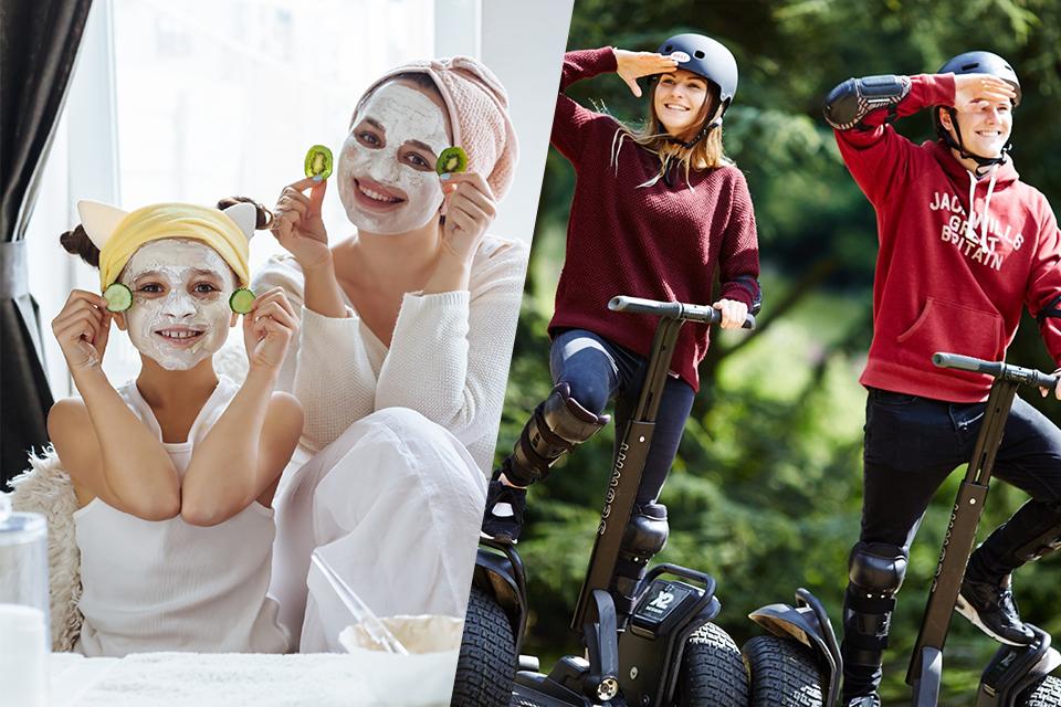 A split image of mother and her daughters getting a spa on one side and a couple enjoying on a segway ride outdoors on the other.