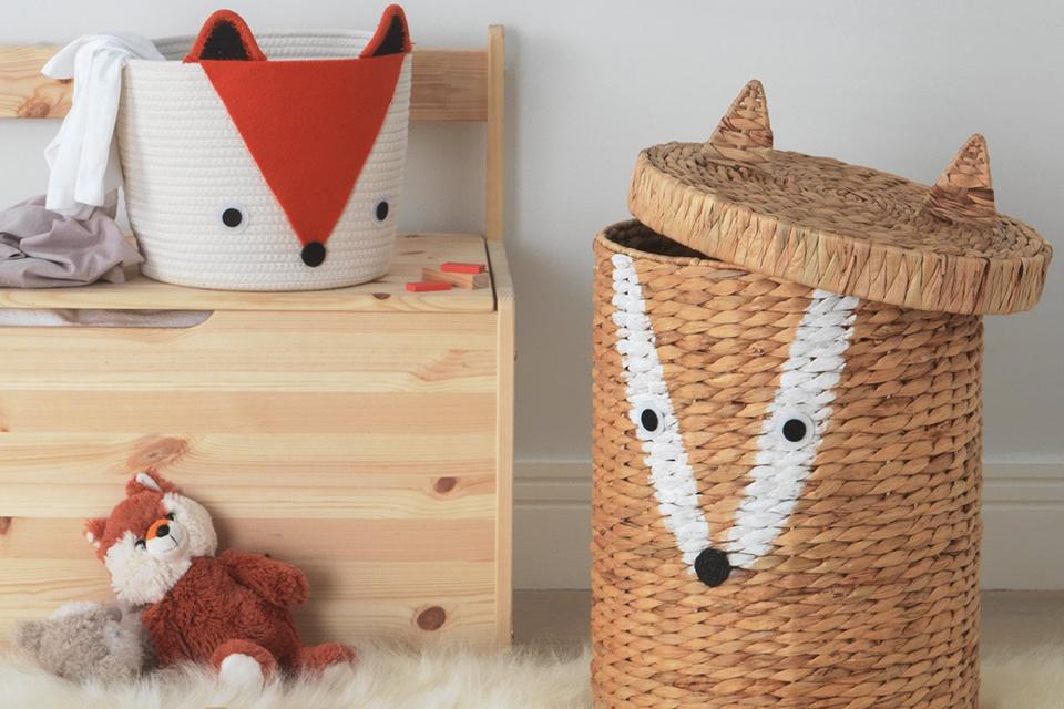 Image of kids' storage baskets with a fox's face on them.