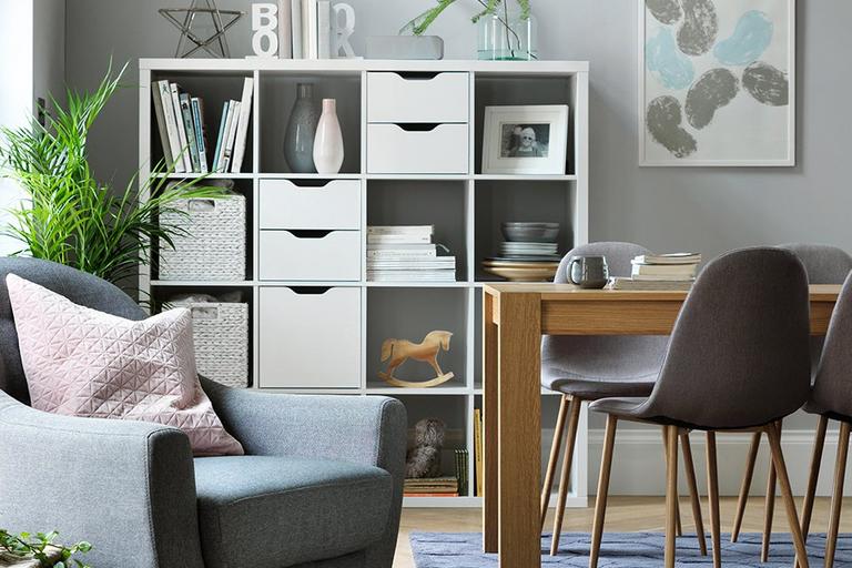 Cube storage unit in open plan living space.