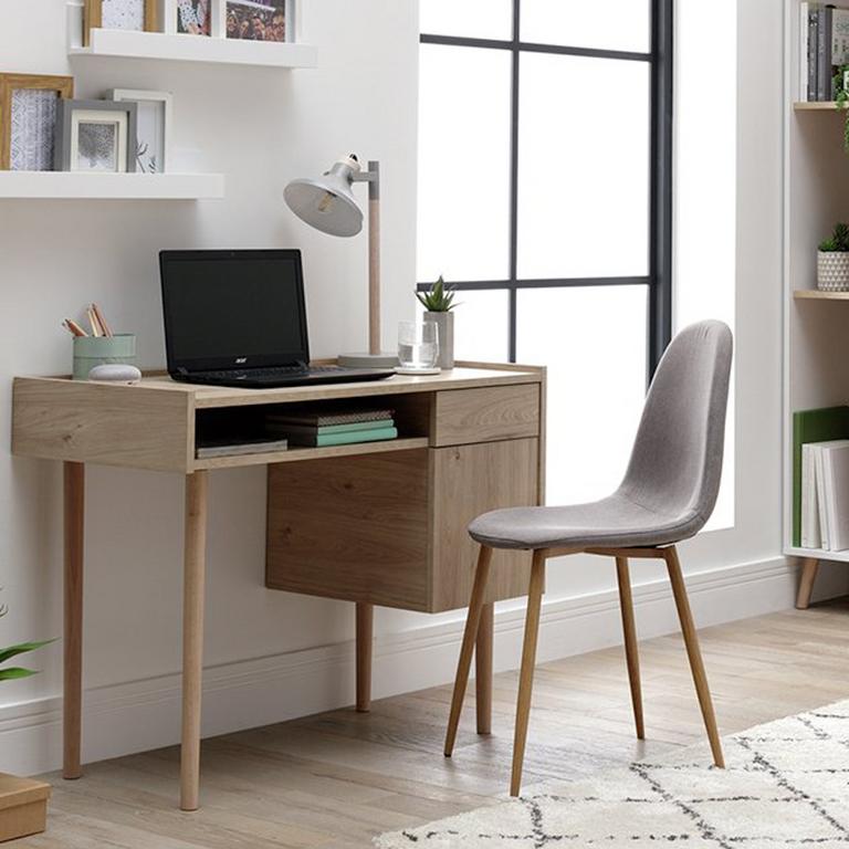 Image of a small wooden desk with a grey scandi-style chair.