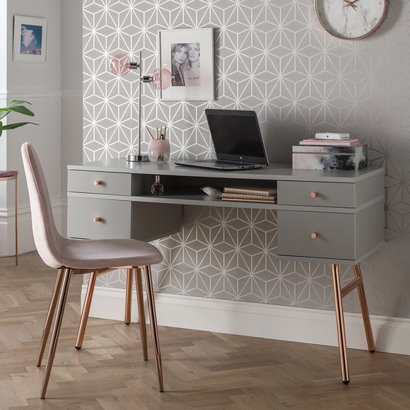 Image of grey desk with storage in a small office space.
