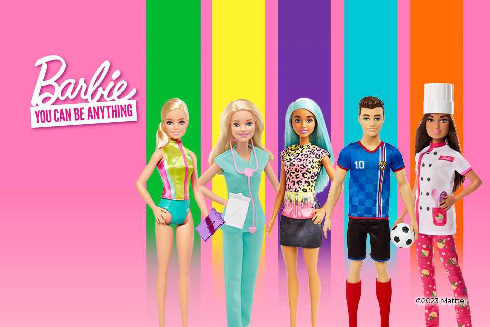 4 Barbie dolls and Ken wearing different career outfits.