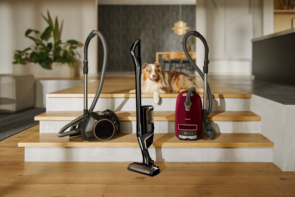 Three Miele vacuum cleaners placed on stairs next to a dog in a living room.