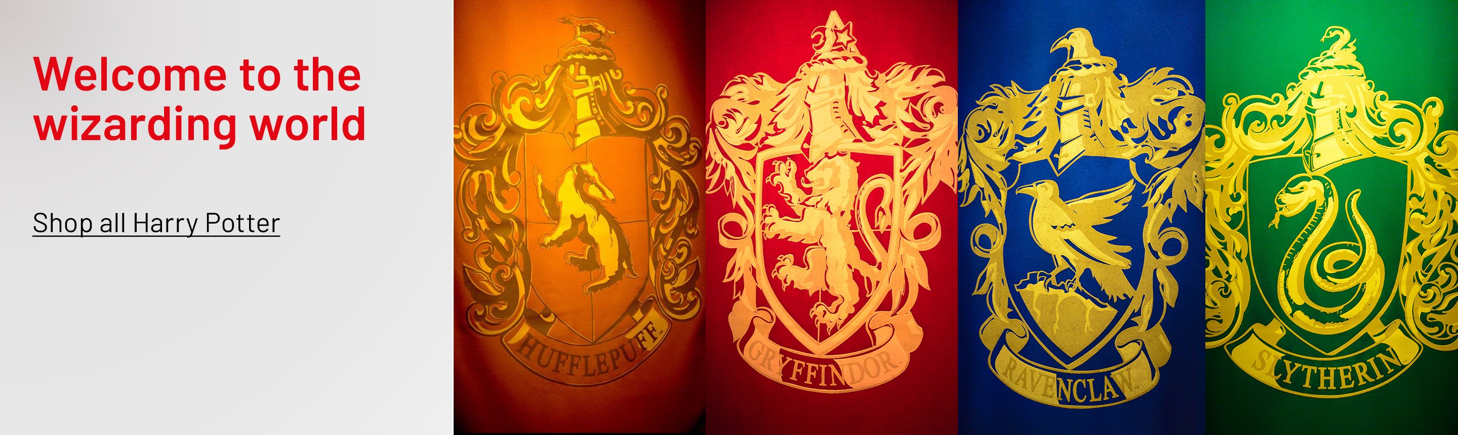 House-wise Harry Potter flags - Gryffindor, Slytherin, Hufflepuff, and Ravenclaw.