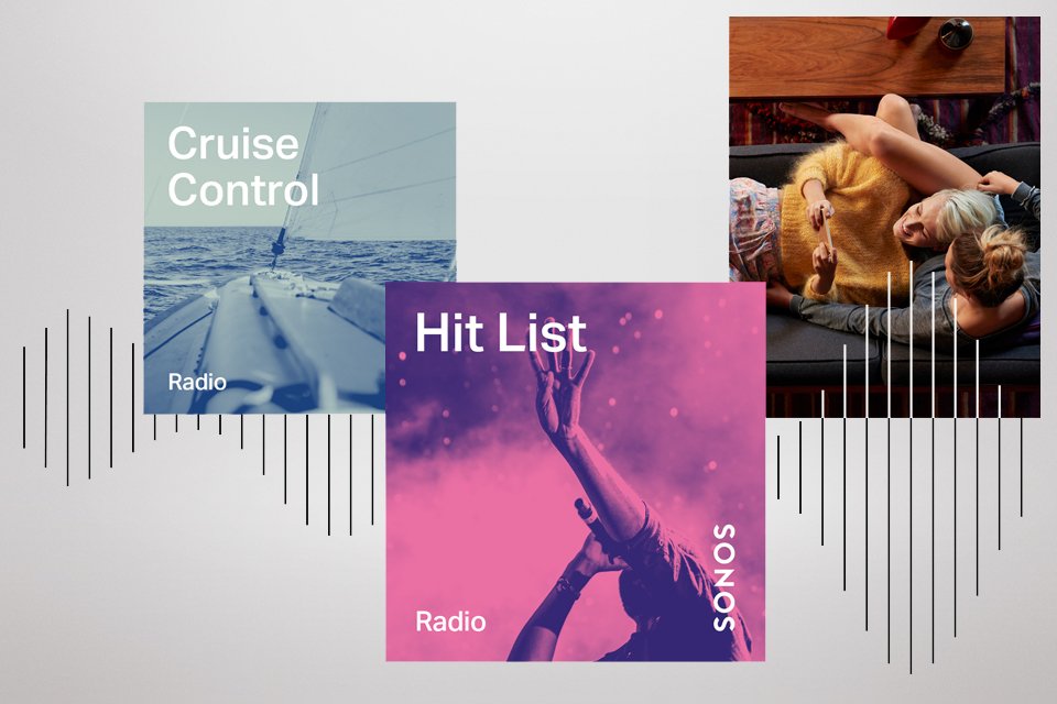 A collage of posters that shows various artists and Sonos' radio feature.