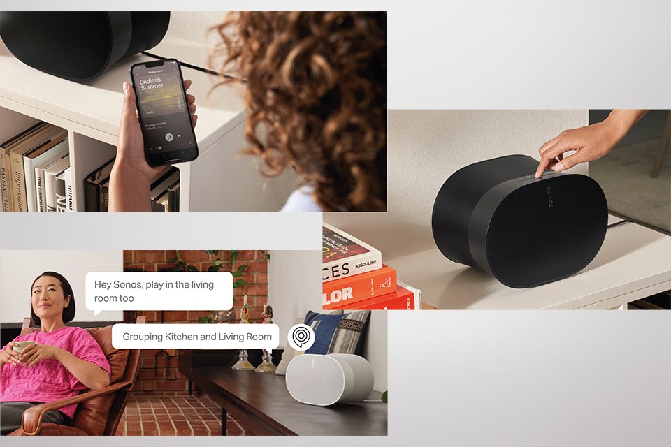A collage of pictures showing people using Sonos sound system in different areas of life.
