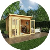 Wooden garden shed in garden.