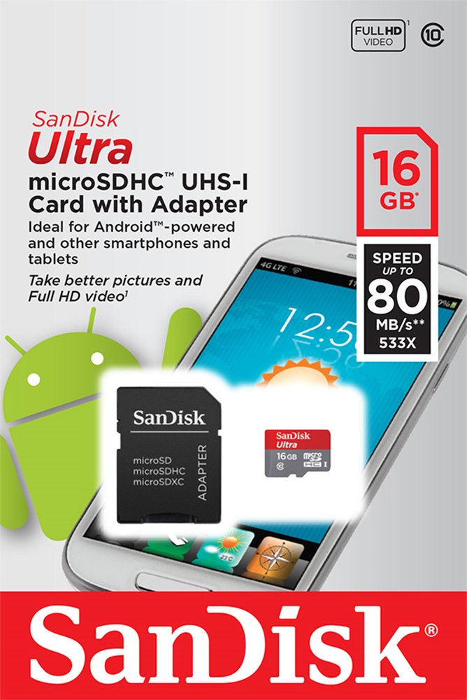 SanDisk Ultra 80MBs Micro SD Memory Card - 16GB