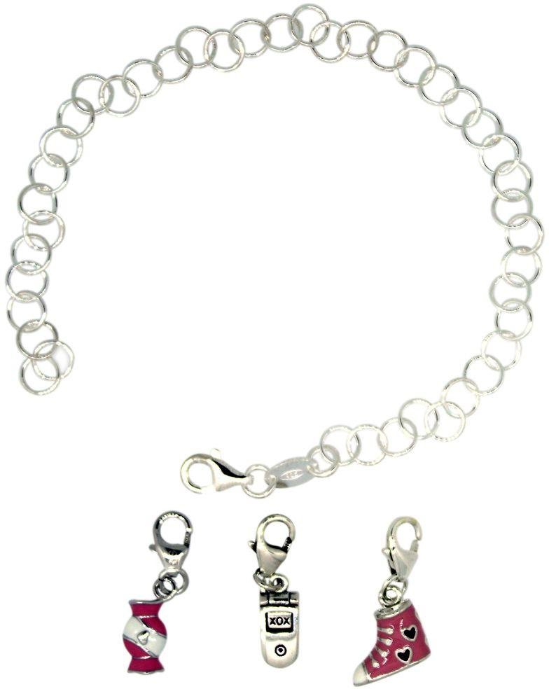 Miss Glitter S.Silver Bracelet with Shoe/Candy/Phone Charms.