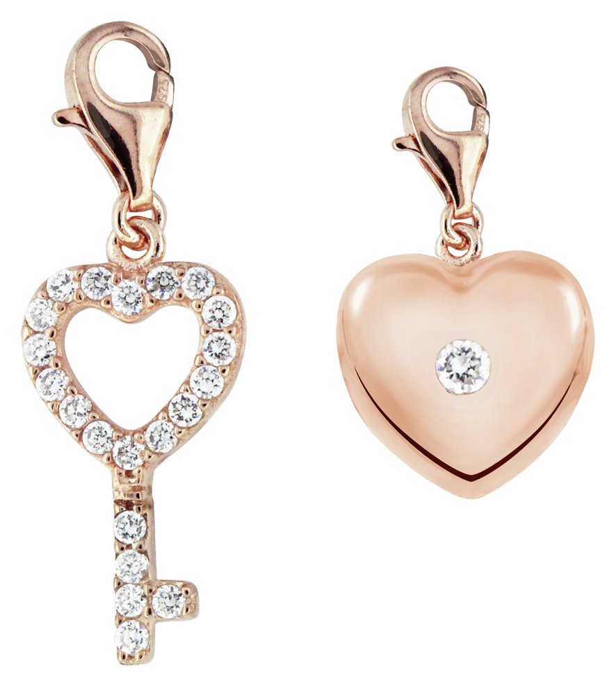 Link Up S.Silver Rose Gold Glitter Key and Puff Heart Charms