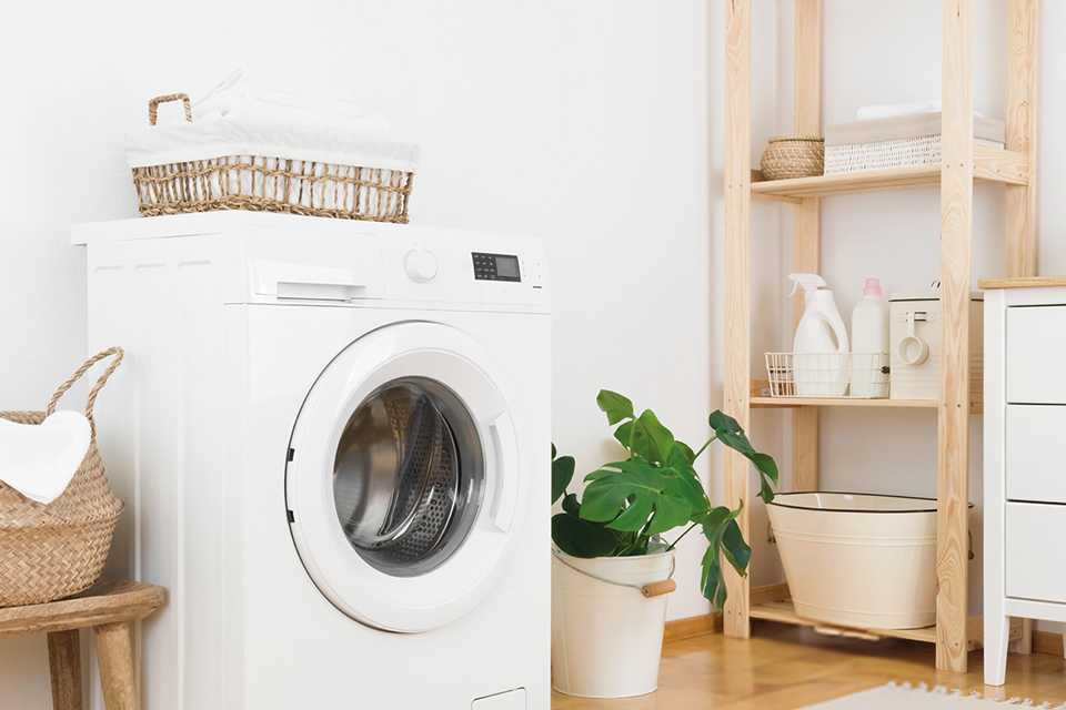 A white washing machine in a laundry room. 