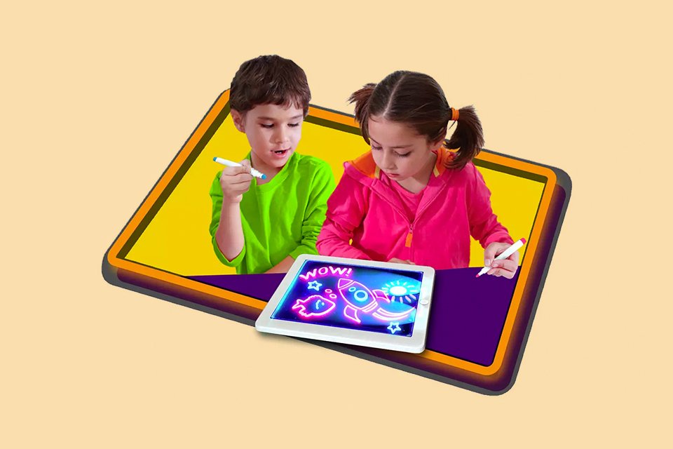 Siblings playing with a glowpad.