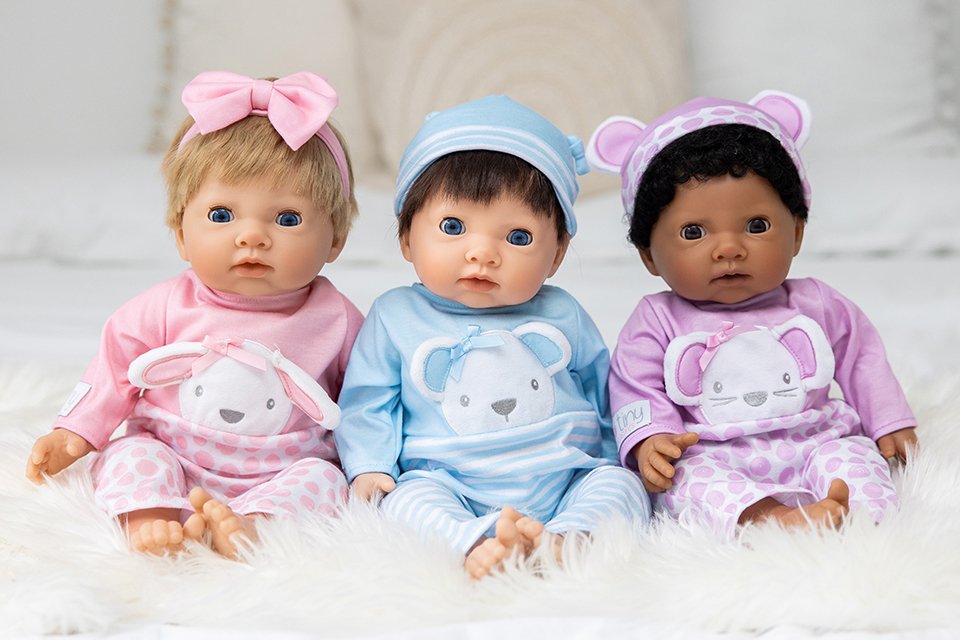 Tiny Treasures 44cm baby dolls in pink, blue and lilac outfits.