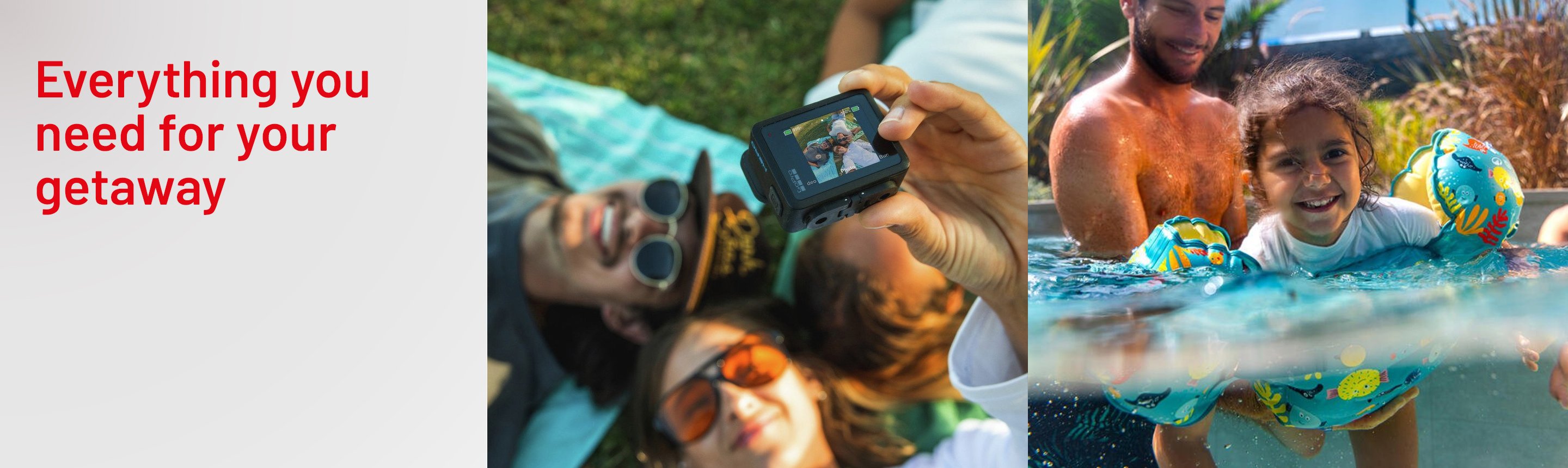 Family or friends taking a picture using GoPro Hero Action Camera and a girl with a Decathlon kids swimming armbands-waistband in the pool.