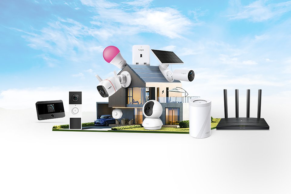 An overlay of TP-Link Wi-Fi and smart home products with a modern home in the background.