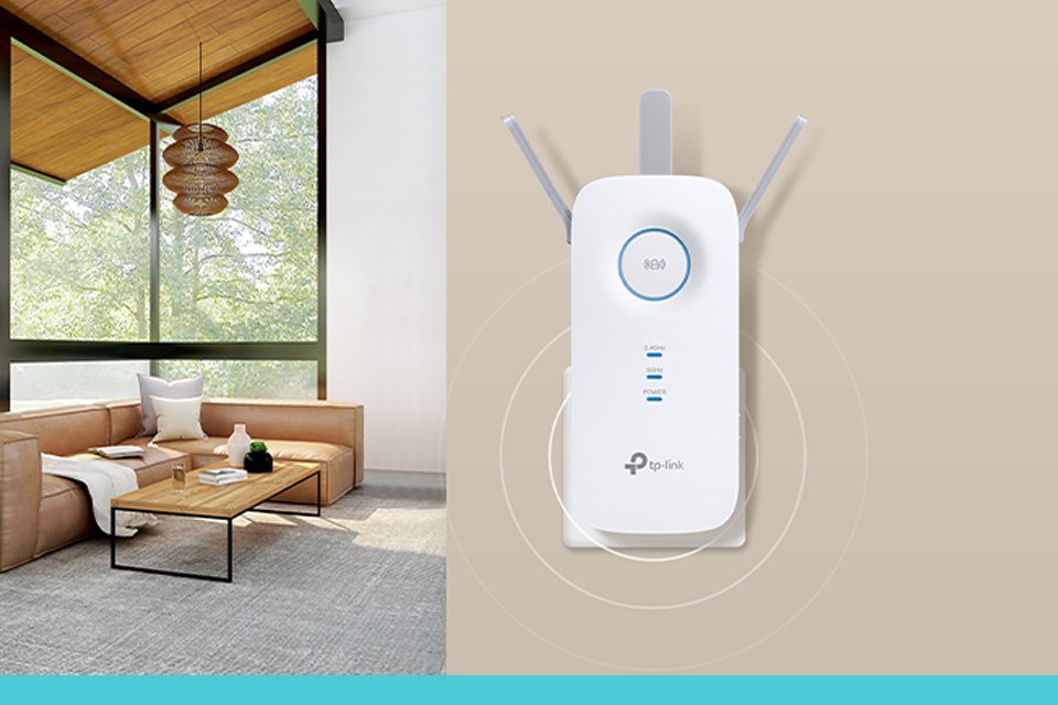 TP-Link Wi-Fi range extender installed on a wall in a home setup.