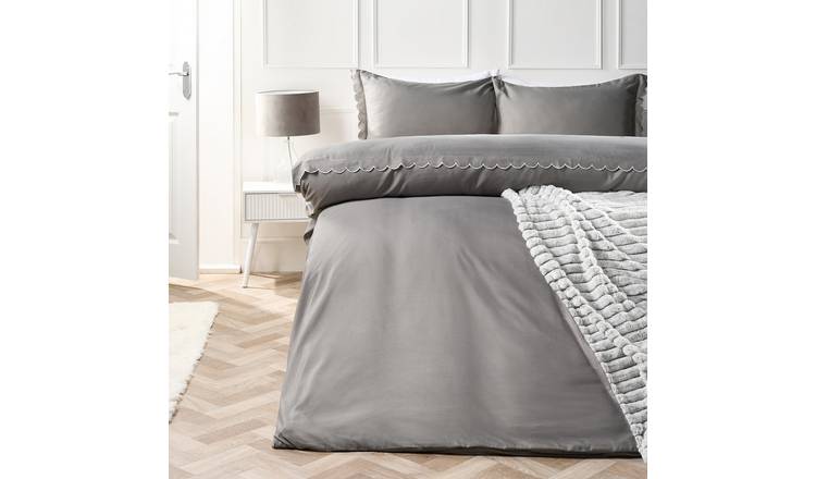 OHS Scallop Edge Contrast Duvet Cover Set Grey/Silver - Double