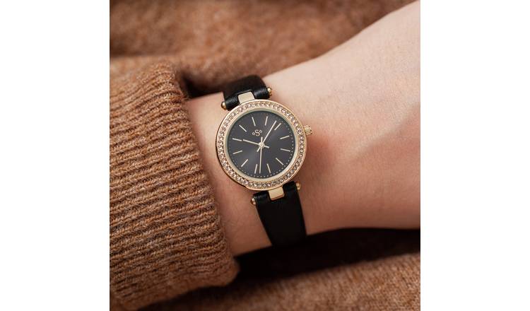 Spirit Ladies Stone Set Black Strap Watch