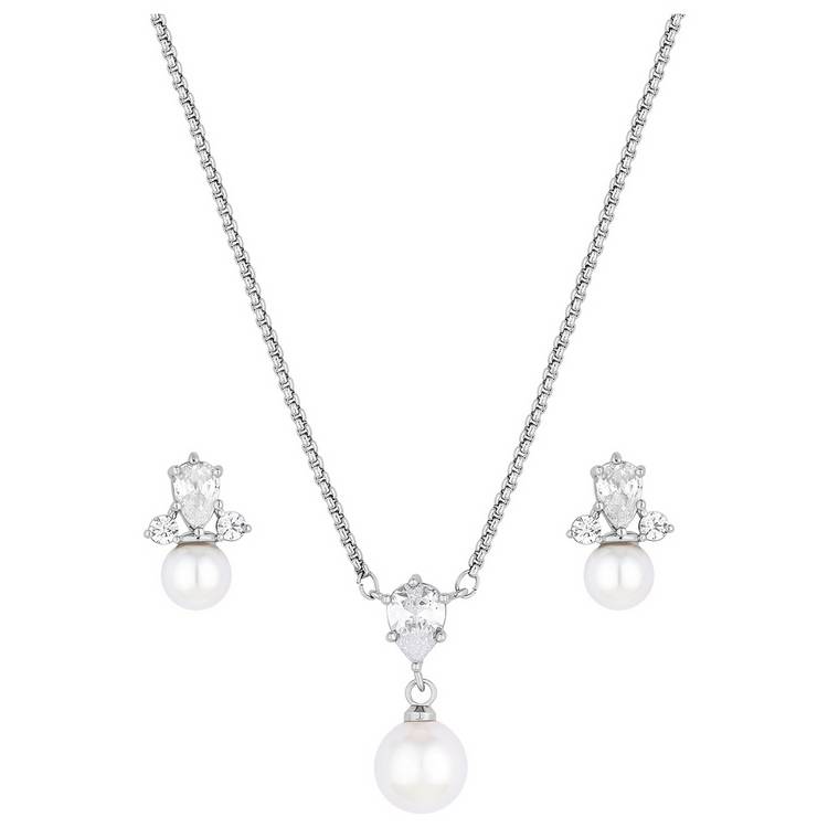 Jon Richard Rhodium Plated And Pearl Pendant and Earring Set 0