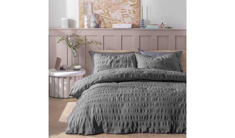 Habitat Wide Stripe Seersucker Grey Bedding Set - Double