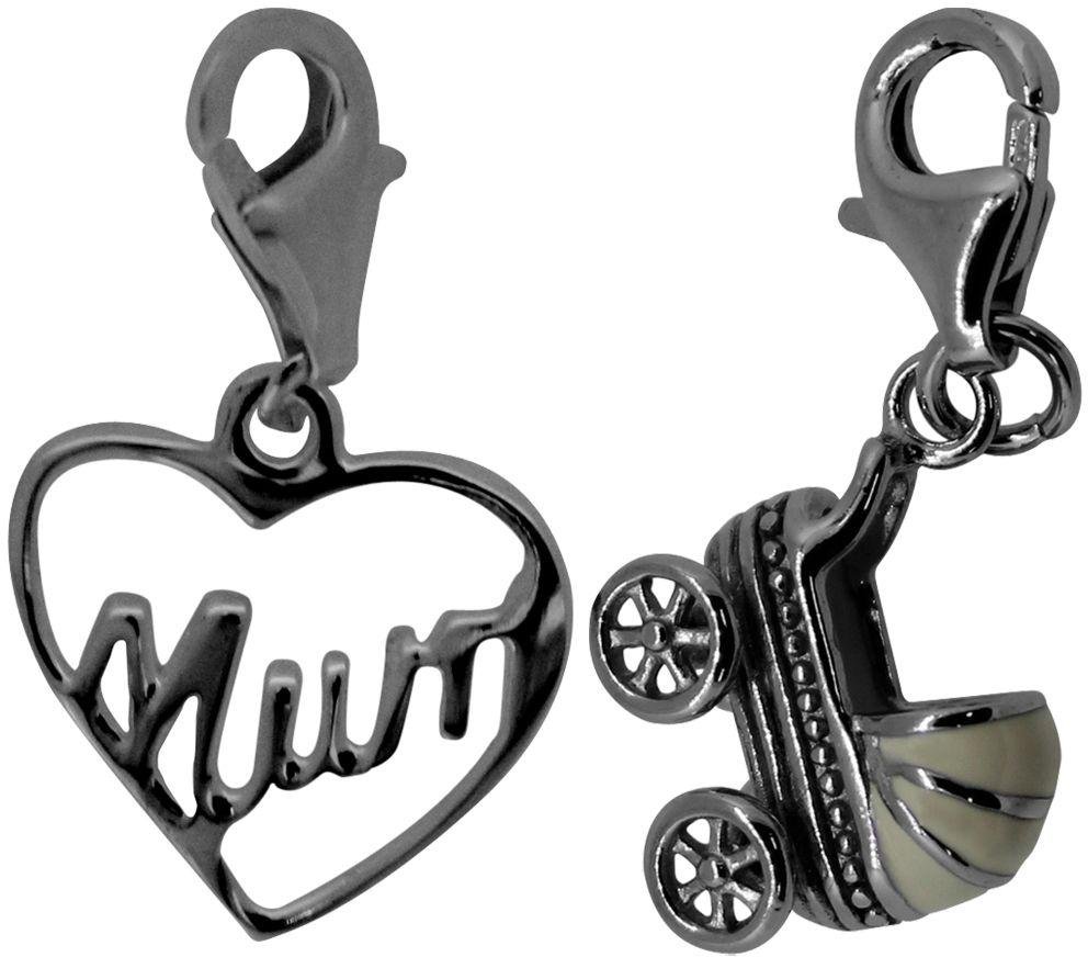 Link Up S.Silver Mum and Buggy Clip-On Charms - Set of 2.
