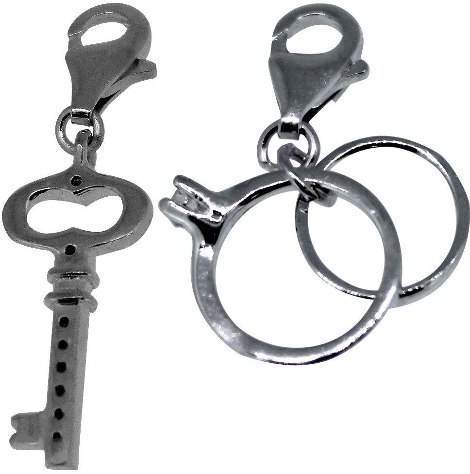 Sterling Silver Key and Rings Clip-On Charms - Set of 2.
