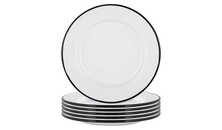 Argon Tableware White Enamel Dinner Plates - Black - Pack of 6