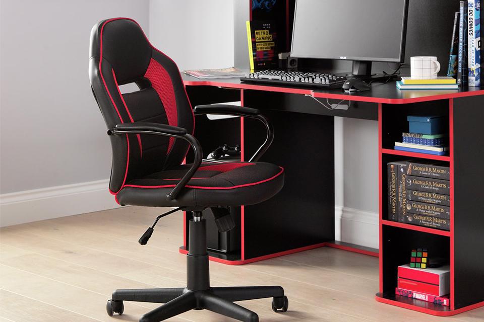 Image of a red and black gaming desk and chair.