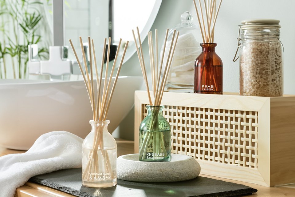 Two Habitat 40ml diffuser sets with flavours of rhubarb, coconut and pear.