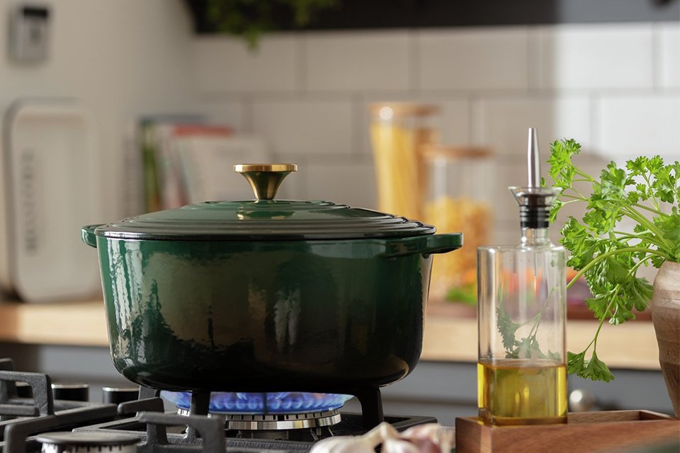 Habitat 5.3 Litre Cast Iron Casserole Dish in green colour.