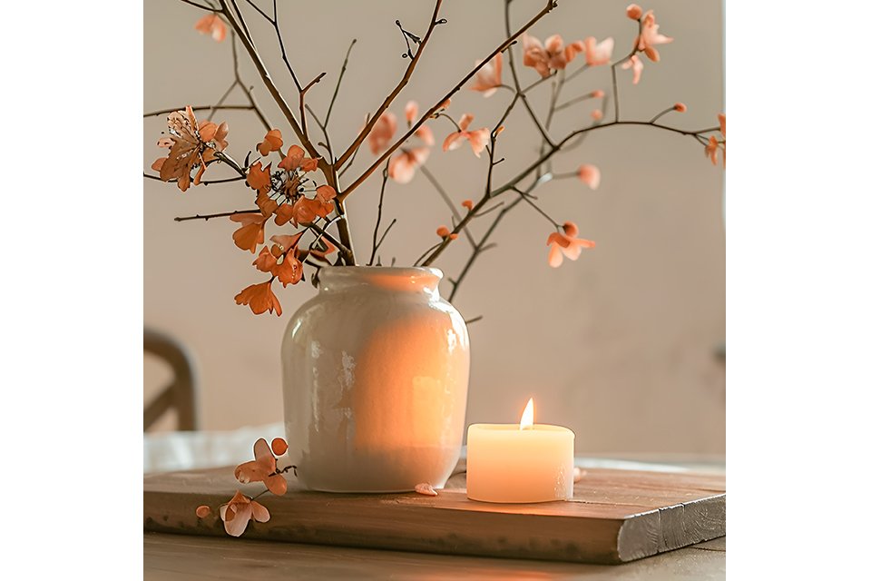 A candle on a tray next to an indoor plant.