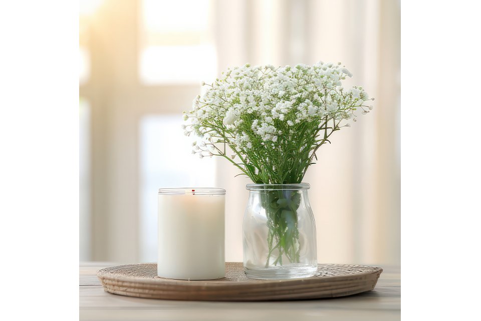 A candle on a tray near a jar of fresh flowers.