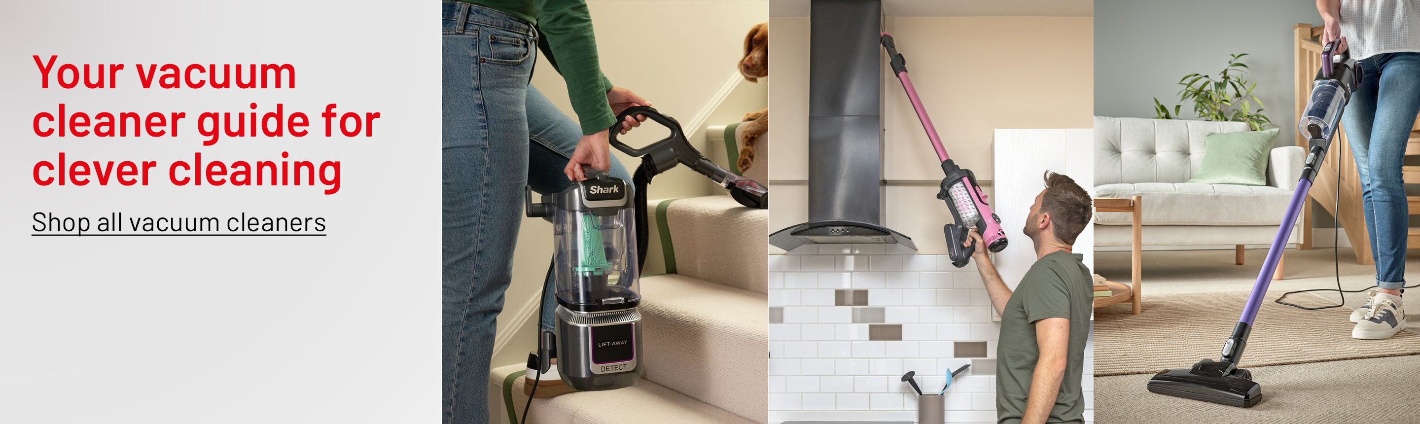 A picture collage of Shark Detect Pet Pro Corded Upright Vacuum Cleaner, Hetty Quick Cordless Vacuum Cleaner, and Bush 2-in-1 Corded Stick Vacuum Cleaner. 
