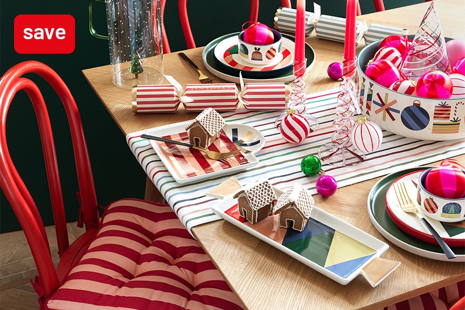 Save 25% on selected festive homewares with code MERRY25. Includes candles, bedding, tableware and more.