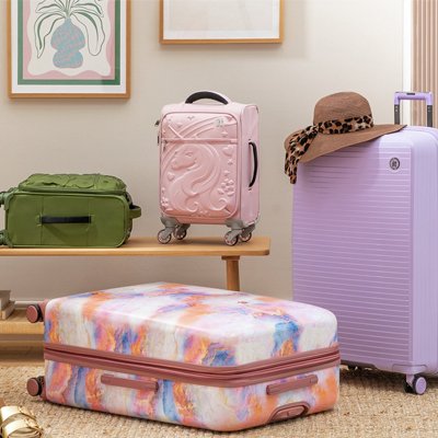 A collection of suitcases by IT displayed in a hallway.