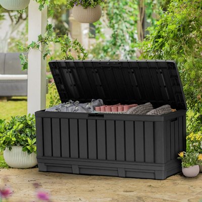 Black garden storage box in garden.