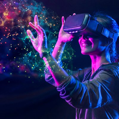 A girl in a VR headset, experiencing virtual reality for the first time.