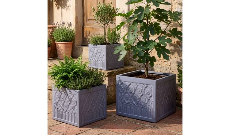 Dibor Set of 3 Siena Embossed Outdoor Garden Planters - Grey