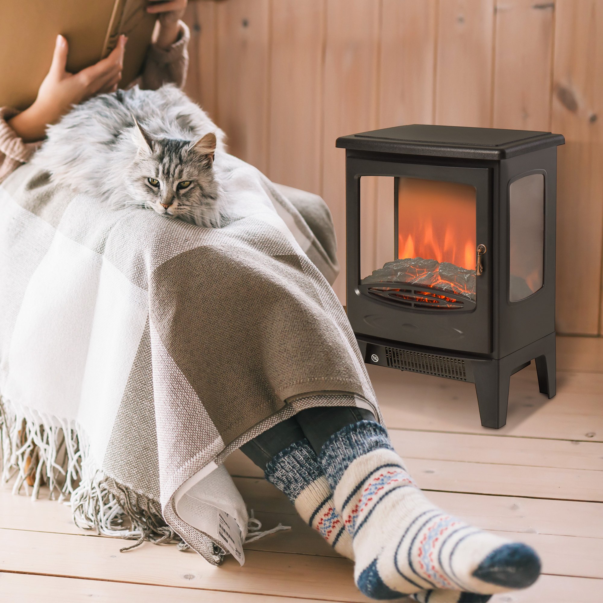 HOMCOM Freestanding Electric Fireplace with Tempered Glass Panels - Black - Image 6