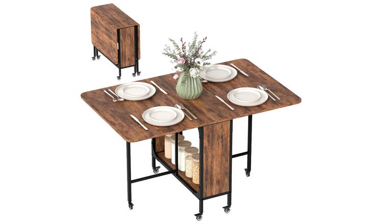 HOMCOM Mobile Drop Leaf Table with 6 Wheels and Shelf - Rustic Brown