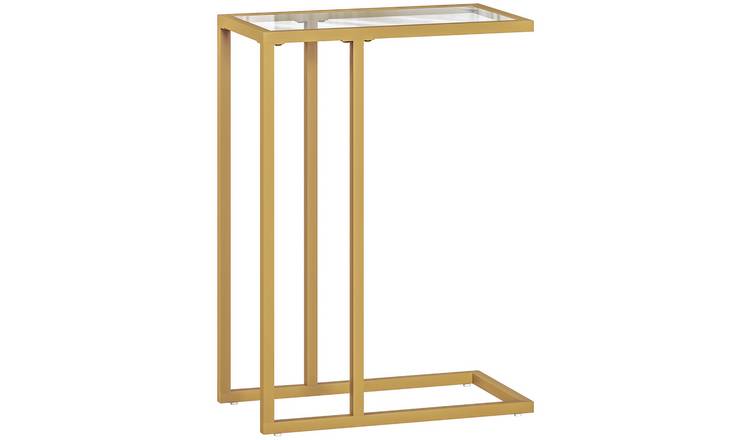HOMCOM C Shaped Side Table with Glass Top and Steel Frame - Gold Tone