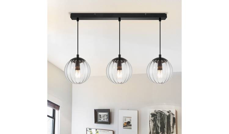 Cosylyte Kingston 3 Light Modern Ribbed Glass Pendant Light - Matt Black Metal