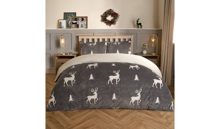 OHS Stag Duvet Cover Bedding Set Soft Ribbed Fleece Dark Grey - King